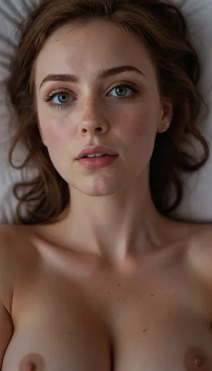 18 Year old woman, (Irish, pale skin, freckles, freckles on face), (photorealistic, photo realistic, photorealism, photo realism), (hyper realistic), hyperrealism, (ultra realistic), (8k resolution), (ultra-detailed, insane detail), (professional photography), (masterpiece, best quality, ultra quality, highest quality), (perfect lighting, perfect illumination, ring lighting), (same color eyes, symmetric eyes, matching eyes, detailed eyes, detailed iris, detailed pupils, limbal ring around iris, perfectly round iris), (detailed skin, high detailed skin, intricately detailed skin, perfectly detailed skin, high quality skin, highest quality skin, exquisitely textured skin), (intricate clothing, detailed clothing), (microblade eyebrows), (long eyelashes with mascara), (overfilled lips, juicy lips, filled lips, puffy lips, glossy lips, her thick wet lips are slightly parted, nervously biting lower lip, lip bite, lip biting), (flushed cheeks, flushed neck, blushing cheeks, blushing neck), (casual makeup, subtle makeup, natural makeup), (narrow jaw, delicate jawline, pointed jaw and chin, heart shaped face, pixie face, fairy face, fae features, extremely feminine face, round face, chin, mouth, high cheekbones, sharp cheekbones, faint vellus hairs), (upturned button nose, upturned nose, delicate nose, nose), (hair, pixie cut hair, pixie hair, loose hair framing her face, messy hair, tousled hair, bed hair, sex hair, dark ginger hair with dark roots), (eyes slightly crossed, big eyes, wide eyes, doe eyes, slightly wide set eyes), (pale grey eyes, pale green eyes, striking eyes, captivating eyes, mesmerizing eyes, fae eyes), (huge breasts, large breasts, large natural breasts), (laying on back, laying down, lying on her back so her big soft tits ride up towards her face), (athletic body, sporty body, lean body), (close up portrait of face, tight closeup of face, closely zoomed in on face, tight in on face, extreme closeup), (looking straight into the camera, looking straight ahead, head slightly raised, gazing lovingly straight into the camera, looking down on her from above), (she's in love, adoring gaze), (no nudes, nonnude), (relaxed posture, casual pose), (loving expressing, adoring expression, joyous, joyful, pleased), (girlfriend, girlfriend material, girlfriend experience), <lora:FLUX_winks_and_biting_v2:.5>