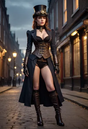 victorian london, dusk, steampunk brawler female 26 years old full body exposed pussy