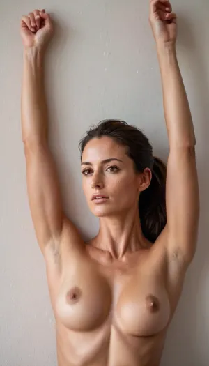 wide portrait of a sexy 30yo woman posing naked in bedroom, seductive look, breasts exposed, naked, no top, topless, tight body, fit, sexy breasts, northern european, dark brown hair, (((brown eyes))), skinny, realistic face, Sporty ponytail hair style, soft saggy tits, many freckles, (((stand against the wall))), (((arms raised behind head))), (((orgasm face))), perfect, eyes, skin, blemish, detailed face