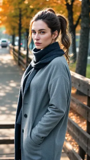 A 30yo woman is passing you on a small pedestrian bridge, brifly and shy expressionless eye contact, dark jacket with wool collar, big scarf, hands in pockets, chestnut wavy hair pulled back and held together in a small ponytail, very milky and pale skin, autumn early morning sun, sun beams and shadowy details on her face, her eyes are very bright and blue gray ish, eye corona is dark and intense, masterpiece, extremely high quality photograph, taken with a snapshot fast lens on a Nikon camera.