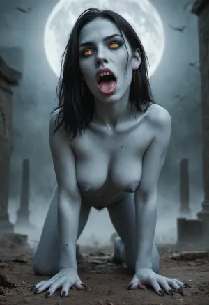 Salma is 22 years old and a witch in revolt, very long straight black hair, Large, white, (The pupils of the cat's eyes are orange in color), Salma has sharp yellow fangs, A well-defined, beautiful mouth, small narrow nose, Salma's face and body are covered with scars, big standing tits, dark swollen nipples, narrow waist, wide hips, wide butt, (bony hands with long black claws), pale blue skin with ulcers, (She has pale blue skin), There are black claws on the soles of the feet, Salma in the old, pubic hair, gloomy cemetery, Fog is hovering over the cemetery, and the moon is full, He stands on all fours with his terrible fanged mouth open, Salma's close-up