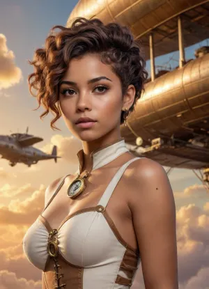 woman, Steampunk, 18 year old, mulatto, best quality, ultra-detailed, masterpiece, finely detail, high res, 8k wallpaper, cute tall tall face, tanned skin, pixie cut hair, messy hair, naked pussy, vintage airships and plane on background, sunset sky and golden clouds background, <lora:BeautyNwsjMajic2-01:.5>, jg-jc0n, V4nn4Bard0t-2760, <lora:flat_chest_v2:.5>, <lora:Kilian Eng Style:.5>