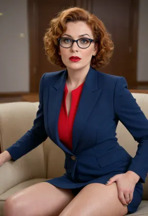 (4K UHD ultra-detailed RAW photo), high detailed, 8k, (photorealistic:1.7), close up, face focus, 1/2 body view, soviet mature woman, ((shocked:1.2)), glasses, ((completely clothing)), ((in dark blue soviet business suit)), (curvy body), ((flame short curly haircut)), 40 years old, perfect face, blue eyes, makeup, red lipstick, sitting on sofa, microskirt, extremely, short, skirt, <lora:MicroSkirt_XL:.5>, <lora:580159_training_data:.5>