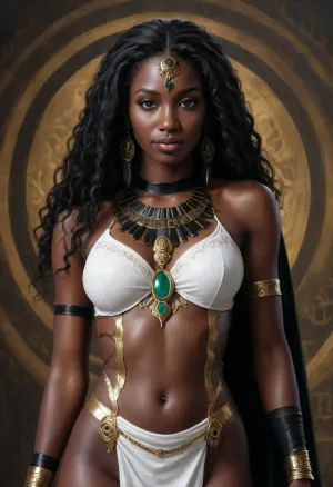 Photorealistic, absolutely black skin, deep ebony skin, African, Nigerian, Nubian, (((absolutely black skin))), . Beautiful female maiden warrior, d&d character, fantasy, night elf wearing letters dress, bone necklace, sleek long hair, (((hair the color of emerald))), ((very heavy black ebony:1.8)), ((hair the color of gold)), tall, psychotic, smiling, intricate details, iridescent, vivid colours, trending on artstation, Jean Baptiste Monge, Michael Garmash art capturing the style of Aaron Horkey, Jeremy Mann and Luis Royo, body-focused composition from a low angle, alluring figure, dark fantasy, dynamic composition, black, white colors, red lipstick, warm hues, rendered in colorful ink flow, showcases acrylic calligraphy, watercolor techniques integrated seamlessly into a maximalist masterpiece, detailed with gouache fluidity, golden hour light, hyperrealism, hypperrealistic, hyperdetailed, 64k, ultraHDR, cunfront, cunback, cunabove, cunbelow, cunpov, female_pov, ass, head, between, thighs