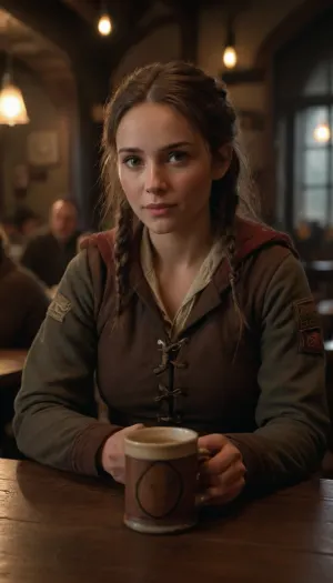 beauty, masterpiece, very detailed face, (perfect lighting:1.4), highest quality, high detail, high resolution, 4K, 1 girl, warrior, adventurer, ((adventurer's clothes:1.2)), mug of ale in hand, sitting at a table, tavern, public place, <lora:more_details:.5>