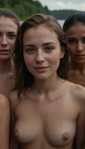Perfect realistic natural high detonation prominent picture of A group of naked Russian, Indian, African and Chinese woman standing together in a river, create perfect realistic image, ((submissive)), ((lovely)), (((in very sexual intimate erotic pose))), wild hair, full body, ((very much want have sex)), ((high detailed pores on skin)), well-build body, medium tits, small lips, lots of freckles face and skin, blush on the checks and nose, (raised nasal tip, upturned button nose, upturned nose, delicate nose, nose), hypnotized loving grey eyes, brown wild wet hair with sidelocks, very sexy smile