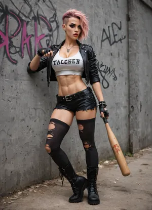 score_9, score_8_up, score_7_up, 1girl, torn_clothes, breasts, undercut, solo, graffiti, gloves, boots, torn_thighhighs, shorts, jacket, thighhighs, piercing, jewelry, navel, large_breasts, leather, pink_hair, makeup, baseball_bat, black_footwear, earrings, leather_jacket, short_hair, cleavage, fingerless_gloves, black_thighhighs, full_body, torn_shirt, black_gloves, bracelet, standing, spikes, combat_boots, ear_piercing, midriff, collar, abs, eyeshadow, looking_at_viewer, open_clothes, open_jacket, black_jacket, black_shorts, crop_top, cross-laced_footwear, short_shorts, black_nails, black_lips, mascara, holding, belt, lace-up_boots, eyebrow_piercing, shirt, outdoors, lipstick, very_short_hair, spiked_bracelet, necklace, toned, knee_boots, mohawk, cowboy_shot