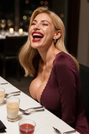 40yo blonde Italian woman, classy tight hairstyle, long hair in delicate setup, sitting across you at a table in a very expensive and exclusive restaurant, elegant dress, flashing her small saggy boobs, ((pulling down her shirt to reveal her delicate and small saggy tits)), face expression says whoops, looking surprised and laughing, cute smile, having fun, she is relaxed, (laughing with big open mouth), wrinkles around eyes, lbow shaped lips with burgundy lipstick, wide mouth, wide smile, long characteristic nose, laugh lines around mouth, blurry background, dimmed lights, shirtsqueeze, shirtlift, shirtlifthent, <lora:shirtlifthent:1.4>, <lora:233281_training_data:.8>, <lora:SaggyBreasts:.9>