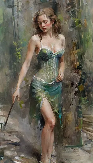 The image is an, ((oil Painting)), (visible brush strokes:1.4), ((Rembrandt style)), Mia is a Beautiful 23 yo woman with shoulder length brown wavy hair, medium round perfect perky tits, hip length hair, long hanging green emerald pendant between boobs, green painted nails, earrings, bracelets, bangles, rings, shiny armbands, jewelry, sexy wizard robe, bone lined corset, lace bra top, high split skirt, in a fantasy forest, corset, gown, r3mbr4ndt, bichu, oil, painting, <lora:681678_training_data:.5>, <lora:7a8684c1-aa8f-4e58-ab05-2f1981c3998c.TA_trained:.5>, <lora:r3mbr4ndt_SDXL-step00020000:.5>, <lora:oil painting:1.2>