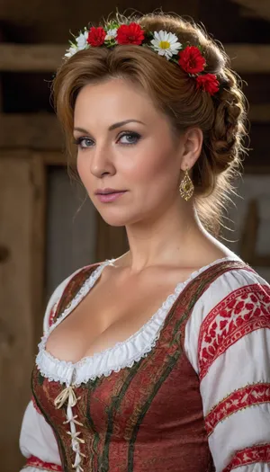 (4K UHD ultra-detailed RAW photo), high detailed, 8k, (photorealistic:1.7), 45 yo peasant scared woman in hayloft, ((milf:1.4)), (wearing Ukrainian summer national costume, Embroidery), ((voluminous auburn updo bangs haircut)), ((makeup:1.5)), plump, skindentation, chubby, bbw, venus, body, big, breasts, ass, <lora:Chubby BBW - XL:.5>