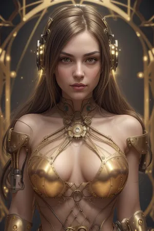 A young nude woman, light-skinned, with shoulder-length brown hair, is the central subject. She is positioned slightly left of center, facing forward with a serene expression. Her eyes are looking directly ahead. Her facial features are delicate and expressive. She wears intricate, metallic, dark-gray and gold accessories and armor, resembling steampunk or cybernetic enhancements. These enhancements are visible around her neck, shoulders, and arms. She has a slender but well-defined figure. She is wearing a golden, mesh-like top. The background is a complex structure of intricate metalwork, with circular, brass-toned, ornate elements surrounding her. The details of these metallic components are rendered in great detail. Warm, golden and brass-toned colors dominate the scene, with subtle shadows and highlights. The lighting is focused, casting a soft glow on the subject, and highlighting the intricate details of the mechanical parts. The overall style is digital painting, with a high level of realism in the details of the human subject, and an aesthetic reminiscent of steampunk or futuristic fantasy. The composition emphasizes both the beauty of the woman and the elaborate mechanical elements.