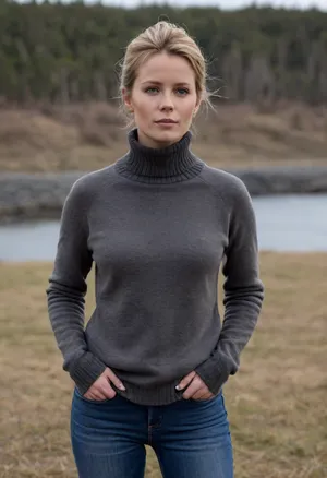 (masterpiece, best quality:1.2), 1 girl, swedish film character Linda Wallander, solo, blue jeans, sneakers, light brown open leather jacket, (anthracite cashmere turtleneck sweater, long sleeves:1.4), outdoors, dark blonde hair, bright ice blue eyes, shoulder lenght hair in short ponytail or or chignon hair, standing in early spring swedish landscape on Baltic Sea beach, she looks into the distance, serious look, photorealism