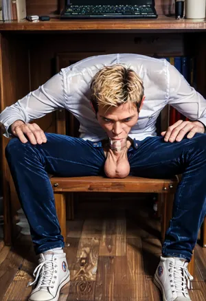 A slim gay 18 year old boy wearing wet littler speedo, converse sneakers and long sport socks, blond hair, dark blue eyes, beautiful cute face, 18yo boy gives a deep throat blowjob to a 60yo gay man in an office under a table, (wearing a suit, unbuttoned pants), big cock, big balls, a man sits on a chair with his butt in the air, rear view, focus on is little ass, ass sticks out from under the table, throat blowjob, short blond hair, saliva in mouth, (salive:2), used, worn, perfect slim body, lots of natural pubic hair, onomatopoeia, workgear, man, pvc, gay sex scene, rubber, hi-vis, <lora:100_Workgear_Lora_v1.3_XL:1.2>