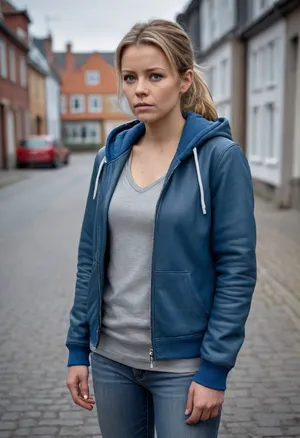 (masterpiece, best quality:1.2), 1 girl, swedish film character Linda Wallander, solo, blue jeans, sneakers, brown open leather jacket, (grey-blue hoodie:1.4), outdoors, dark blonde hair, bright ice blue eyes, shoulder lenght hair in short ponytail or or chignon hair, standing in early spring swedish small town, she looks into the distance, serious look, photorealism