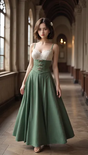 A brown hair woman with luscious locks and a voluptuous figure, accentuated by a delicate white corset with intricate lace details and a fitted green leather skirt featuring greenish trim, posing in a sultry head and shoulders portrait. Her facial expression is enigmatic, with subtle hints of mystery and allure. The image is bathed in dynamic, cinematic lighting, with subtle film grain and vignette, reminiscent of a 35mm film still. The color palette is a masterful blend of triadic colors, full-body view, full-length