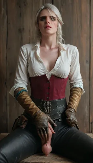 ciri from the witcher 3 in her white blouse unbuttoned and a short dark red corset over the blouse, black leather pants, leather gauntlets, leather belt with a sheath and leather pouch, hkstyle, sitting down, legs spread, masterbating, masturbation, orgasmic face expression, breasts exposed, <lora:MJ52:.4>, <lora:hkstyleV5:.4>, <lora:253562_training_data:.9>