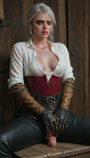 ciri from the witcher 3 in her white blouse unbuttoned and a short dark red corset over the blouse, black leather pants, leather gauntlets, leather belt with a sheath and leather pouch, hkstyle, sitting down, legs spread, masterbating, masturbation, orgasmic face expression, breasts exposed, futa, <lora:MJ52:.4>, <lora:hkstyleV5:.4>, <lora:253562_training_data:.9>