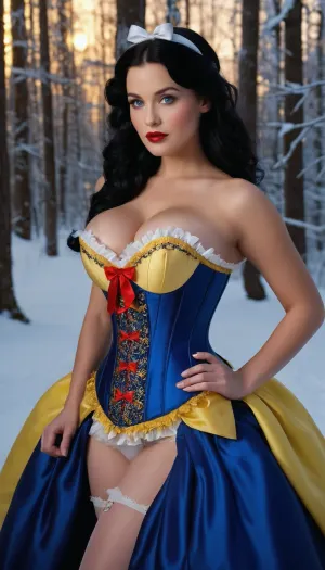 Snow White, disney princess with in wonderland winter forest background, in wonderful winter forest, showing open, Craft an image of a woman with luminescent blue eyes and black hair, ((clide in a blue-yellow snow white style corset)), ((snow white dress style)), Red bow on the hair, silk stockings with support, (huge massive breast with deep cleavage:1.3), rich in detail and frills, The setting is ethereal, with a backdrop fantasy forest with flowers and butterfles, fawn on background that accentuates the ornate outfit. Ensure ultra-high-detail, photorealism, and crystal clear 32k resolution for a true masterpiece. 🎀👗✨💎, bmbplora, tall, _piledriver_v0.3, .5>