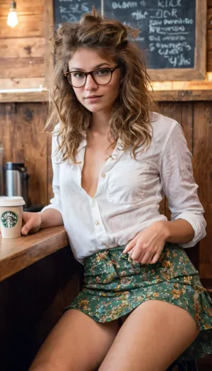 Hipster girl in glasses showing her pussy, messy hair, boho chic skirt, free spirit, hippie, sitting on coffee shop counter, (((upskirt))), (((no panties))), hairy pussy, pubic hair, full bush, perfect fingers, perfect hands, toned legs, pussy shot, vagina shot, upskirt, braless, partially unbuttoned white button up shirt