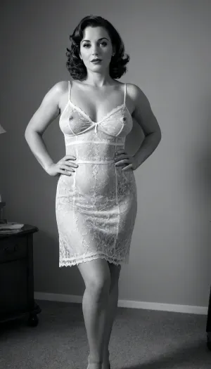Photorealistic, blackandwhite, hollywood goddess, 40s style, milf, 40 years old, curvy body, (normal slightly saggy tits with erect nipples), wearing only a very short semi-transparent lace nightgown, full length body, smoking a cigarette, cool and classy attitute, pin up, set card, moviestar, detailed, soft focus, 8k, q2, j01nt, braless, Wearing, clothes, that, make, sense, with, Braless>, <lora:450934_training_data:.5>, <lora:bralessSDXL_v1_00022:.5>