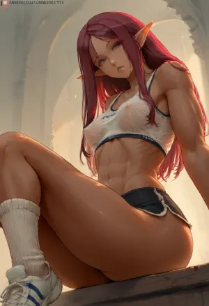 cutesexyrobutts style, concept art, elf woman, 1girl, close-up, groin focused, low angle, view from below, {mirko, satsuki kiryuin}, (best quality, masterpiece, perfect face), narrow waist, raw photo, small breasts, hard covered nipples, elf ears, (dark-skin:1.3), (high detailed skin), sitting, extremely detailed, 8k, soft lighting, best quality, perky breasts, (perfect ass), magenta hair with silver tips, cotton running shorts, sports bra, thighhigh socks, sneakers, thick lips, <lora:cutesexyrobutts style:2>, (suggestive pose:1.2), <lora:add-detail-xl:2>