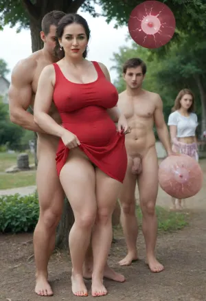 View 2/3, middle aged European heterosexual couple, man and MILF. MILF has long dark hair, round face and sexy lips. MILF is wearing a bright red dress. Man lifts woman's hem and she stands bent over while he fucks her from behind. Woman has soft curvy body, man has big thick cock, both have very hairy pubes. She is barefoot, has red toenails and pleasure is written all over her face. There are many people around them. Woman leans against oak tree, her pose is dynamic and independent but comfortable at the same time, hem lifted, man fucks woman from behind, background is detailed, old village, many people, (sperm:1.4), beautiful hands and feet and toes are perfect., skirt, lift, lifted, by, self, flat, chest, big, breasts, huge, gigantic, small, hips, thighs, wide, thick, plump, belly, muscular, female, arms, extra, abs, <lora:xl_more_art-full_v1:.5>, <lora:skirt lift XL V2:.4>, <lora:Venus_Body_Alpha:.5>