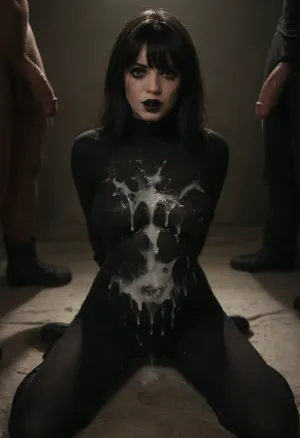 Close-up photo of a fully-clothed woman kneeling, woman is a 40yo Caucasian milf, (warm lighting), dimly lit, (((UHD 8K, masterpiece, best quality, maximum details, extreme realism, cinematic still))), (in motel room), ((((black sheer bodysuit))), (black lipstick and runny mascara)), black boots, (((((dirty black hair and bangs))))), ((medium breasts)), ((sagging)), ((arms behind back)), (cum on clothing:2.3), (bukkake:2), (((front view))), sagging, breasts, r3tro_cumshotz, bukkake, cum, <lora:sagging-000015:.45>, <lora:r3tro_cumshotz  SDXL Lora:.7>, <lora:dark:.3>, <lora:MS_Real_XL_Bukkake:.5>
