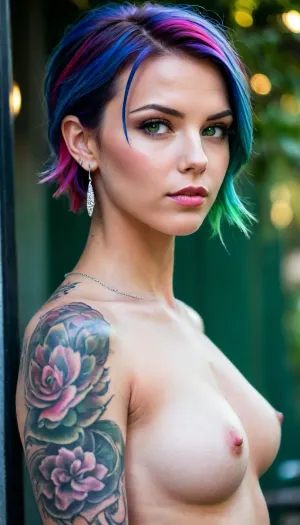 (((Full body view))), wearing a tight crop top and thong, Short hair, (Short Textured Haircut), (ruby Rose Hairstyle), (oval shape head), (round head), (high cheekbones), (beautiful face), (strong jawline), (Shining Green eyes), (almond-shaped eyes), (long lashes), (tin eyebrows), ((full lips), (170cm high), ((slim, fit, physique), (dark nails), (silver necklaces and earrings), (tattoos), (tattoos 10% body), (small breasts), (perky breasts), (small ass), (round ass), (firm ass), (toned legs), (lean legs), (feminine legs), (well-defined feet))), <lora:add-detail-xl:2>, <lora:Colorful Hair Slider_alpha1.0_rank4_noxattn_last:2>, <lora:DetailedEyes_V3:1>