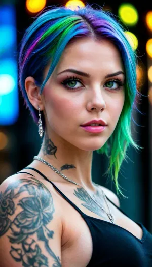 Full body view, Short hair, (Short Textured Haircut), (ruby Rose Hairstyle), (oval shape head), (round head), (high cheekbones), (beautiful face), (strong jawline), (Shining Green eyes), (almond-shaped eyes), (long lashes), (tin eyebrows), ((full lips), (170cm high), ((slim, fit, physique), (dark nails), (silver necklaces and earrings), (tattoos), (tattoos 10% body), (small breasts), (perky breasts), (small ass), (round ass), (firm ass), (toned legs), (lean legs), (feminine legs), (well-defined feet))), <lora:add-detail-xl:2>, <lora:Colorful Hair Slider_alpha1.0_rank4_noxattn_last:2>, <lora:DetailedEyes_V3:2>