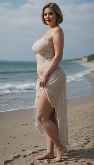 Full length view, curvy soviet mature woman, ((dressed)), ((in semi-transparent beach short dress)), ((lifted dress)), ((blond bob haircut)), 40 years old, perfect face, ((not sad:1.3)), ((milf:1.5)), blue eyes, makeup, red lipstick, standing on beach, ((side view)), ((thick legs)), ((barefoot)), <lora:580159_training_data:.5>