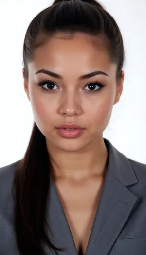 a professional portrait photo of a stunningly attractive 23 year old ebony woman with pale skin, with jet black hair and, (faint dark freckles under her eyes and across thee bridge of her nose:2), . She has a, symmetrical, (square shaped face:2), (square chin:1), small nose, wide mouth and full lips. She is the receptionist at an exclusive hotel, and is very professiionaly dressed. Her long jet black hair is swept up in a tidy ponytail. Her makeup is subtle with dark eyeliner and smokey grey eyeshadow bringing her hazel eyes to life. The woman has a serious expresion, is looking straight at the camera and is centered in exaclty the middle of the frame. The photograph is taken in a professional photography studio with a plain white background. Masterpiece quality, 8k, high detail, perfect lighting