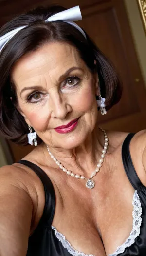 old granny mature, sexy 78 years old granny, dark brunette hair, medium short hair, glamour, big hoop earrings, necklace, big eyes, wide shoulders, thick body, very chubby, very tall, tiny small saggy tits, looking at the camera, cute sexy smile face, huge black eyes, very hot and horny, seduction horny, outside, selfie, french maid costume
