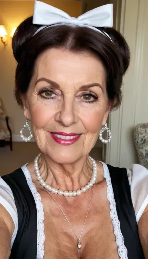 old granny mature, sexy 78 years old granny, dark brunette hair, medium short hair, glamour, big hoop earrings, necklace, big eyes, wide shoulders, thick body, very chubby, very tall, tiny small saggy tits, looking at the camera, cute sexy smile face, huge black eyes, very hot and horny, seduction horny, outside, selfie, french maid costume