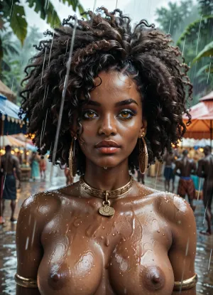 woman, afro negro dark skinned handcuffed slave beauty fully nude in slave market, raining day