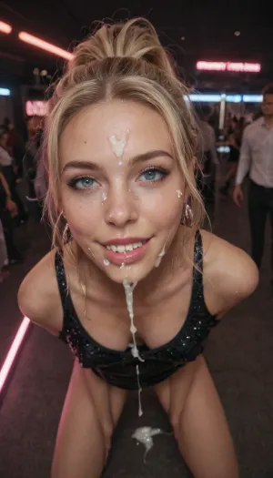 Ultra photorealistic portrait of nightclub nymphomaniac. viewer looks down at a sumbissive girl kneeling before them. She's gazing up with big, innocent blue eyes. Cum drips down her chin and onto her pert breasts. Cum in mouth. Cum on body. 18 year old. Swedish., ((Blonde)), ., (High and Tight Ponytail with fringes), . Perky swollen nipples., (shirt pull of sequined designer-fashion dress), . . Black sheer panties. Thin firm body. Big happy smile. Bright eyes., (Hands overhead), . cum on face, cum on body, covered in cum, no smeared makeup, whole body, ejaculation on face, Flashing lights and colorful laser beams. The background is filled with dancing people, neon signs, and vibrant strobe lights, creating a dynamic, energetic atmosphere. Her smooth skin glows under the club lights. Standing indoors, surrounded by neon lights, strobe effects, and dancing people. Music and energy fill the air.