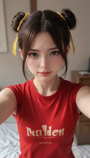 half body, 3/4 view portrait of a girl with two bun hair, yellow ribbon, black hair, side view, tiny boobs, red tunic with gold lining, facing side, cloudy, 4ng3l, face, ultra high angle shot, looking at viewer, smiling, thick fat legs, athletic muscular body, heroic pose, <lora:SDXL_BetterFaces-LoRA_v1:.5>, showing th viewer a red paper in front of her, selfie