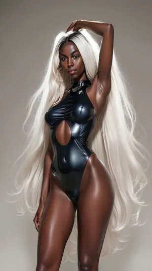 front view, black ebony skinny girl model standing, one leg straight, the other leg is moved to the side, bent at the knee, the thigh is tilted to the left side, on her feet are high heels and a platform, bright light falls on a girl, she smiles, girl black coal, athletic thighs, round ass, athletic legs, ebony, negress, naked, dark skin, ebony african woman, very black shade of female body, very tanned skin tone, wet face, shiny face, glossy face, marble tits, totally oily girl face covered in oil, legs generously oiled, face shiny with oil, wet whole body, wet skin, wet skin of the body shines in the light, big hips, wide pelvis, wide hips, thick wide hips, glossy skin tone, the whole body sparkles, the body reflects light, the body is like a mirror, ((masterpiece, clear image, photorealistic, high res, (very Black dark Skin:1.5), (African top model), full body in frame, perfect illumination, bright lighting, realistic fingers of hands, fingers of hands drawn, detailed fingers on hands, fingers on hands, white room in the background, (best shadow), 8k, (masterpiece, best quality, high-res, high resolution:1), (extremely detailed, ultra realistic), best quality, focus on heels arms legs face, ultra-detailed, finely detail)), American porn star, seductive look, slutty look, detailed legs, pumped up legs, pronounced calf muscles on the legs, (((massive HHH cup Breasts))), (((long white hair, blue eyes, detailed blue eyes, one arm up, showing armpit))), big ass, perfect ass, shapely legs, long pumped up legs, legs are oiled, arms are oiled, armpits are oiled, ass is oiled, boobs are oiled, belly is oiled, face is oiled, The girl has big plump lips on her face that shine and reflect the light, Perfect, Hands, glide_fashion, dark, skin, witch_style, <lora:witch_style-10:.2>