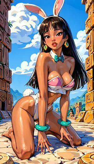 (Chel from The Road To El Dorado), brown skin, (perfect body, giant tits), kneeling on ground, (sexy bunny outfit), motion lines, (j_cartoon:1.5), Drawing, <lora:samdoesarts1.1-000030:.4>, <lora:J_cartoon:.4>, <lora:Animated_Concept:.4>