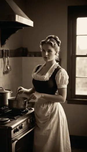 Create 19th century a female maid, sexy housewife, busty housewife style sexy underwear, full body Portrait, (18 years old, Naturally wavy bun Hair, dirty clothes), cooks dinner for the ladies on the stove, retro, black and white photo, beautiful, natural, realistic, vintage black and white photography, (Scratches and dirt on the picture, retro, Sepia)