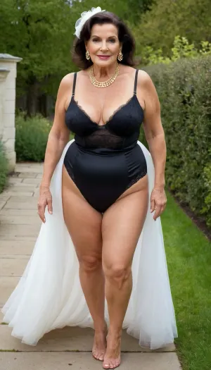 old granny mature, sexy 75 years old granny, dark brunette hair, medium hair, glamour, big hoop earrings, necklace, big black eyes, extreme wide hip, wide shoulder, thick body, very chubby bbw, very tall, tiny small saggy tits, gold necklace, outside, looking at the camera, cute sexy face, high waisted sexy off white lingerie, very high waist lingerie, charming, very hot and horny, seduction horny, old sexy horny granny, dark brunette, full body view, walking towards the camera, huge culottes, super wide hip, bride, bride lingerie, sexy bride, sexy smile