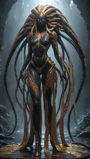 1 femalien posing, (front view), (massive thin lips:1.3), (long ornate black and gold armor:1.2), (extremely long tentacle hair:1.5), (gold hair:1.3), (long thin face:1.2), (vanta black skin:1.3), (very long thick eyelashes:1.1), (bright white eyes:1.4), (muscular alien body:1.6), (extremely long legs:1.3), collarbones, (earrings:1.1), (sexy tiny breasts:1.3), (thin waist:1), (small nipples:1.2), (bubble butt:1.3), (thick athletic thighs:1.6), (long arms:1.6), (nude:1.4), (full body view:1.3), (massive creampie:1.3), (perfect eyes:1.3), 8k, space
512/3000, alien, species, futuristic, suit, electalien, artstyle, <lora:alien-species:2>, <lora:157880_training_data:2>, <lora:Alien_God_V3:2>, <lora:Electric Alien - Trigger is ElectAlien Artstyle:2>