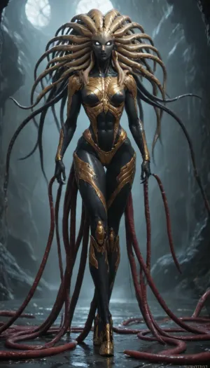 1 femalien posing, (front view), (massive thin lips:1.3), (long ornate black and gold armor:1.2), (extremely long tentacle hair:1.5), (gold hair:1.3), (long thin face:1.2), (vanta black skin:1.3), (very long thick eyelashes:1.1), (bright white eyes:1.4), (muscular alien body:1.6), (long legs:1.3), collarbones, (earrings:1.1), (sexy tiny breasts:1.3), (thin waist:1), (small nipples:1.2), (bubble butt:1.3), (thick athletic thighs:1.6), (long arms:1.6), (nude:1.4), (full body view:1.3), (massive creampie:1.3), (perfect eyes:1.3), 8k, space
512/3000, alien, species, futuristic, suit, electalien, artstyle, <lora:alien-species:2>, <lora:157880_training_data:2>, <lora:Alien_God_V3:2>, <lora:Electric Alien - Trigger is ElectAlien Artstyle:2>