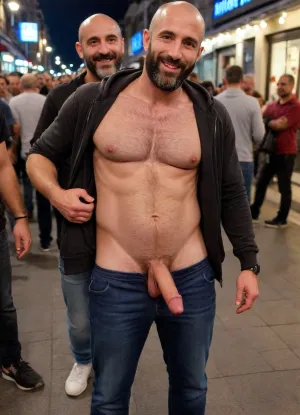 2 men. Full body photo., (A sexy man, 40yo syrian, bald head, full long beard, beautiful face, smiling, wearing shiny black jogging suit, jacket open presenting his muscular hairy chest, pants pulled down exposing his 12-inch long soft uncut penis.), (Next to him stands another man, slim, young, blond-haired, german, in a grey t-shirt an blue jeans touching the 1st man's belly.), On a crowded Istanbul walkway at night at night, perfectly natural skin, perfect hands, handslora, @hrypctls1, hairy, chest, <lora:xpenis-1.5e:.8>, <lora:590198_training_data:.5>, <lora:@hrypctls1.v1.concept.sdxl_epoch_3:.2>