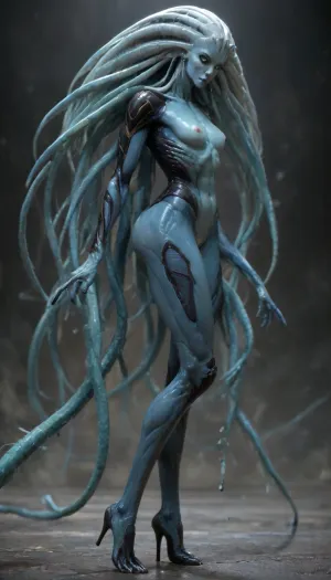 1 sexy femalien posing, (side view), (massive thin lips:1.3), (long ornate black armor:1.3), (extremely long tentacle hair:1.5), (platinum hair:1.3), (long thin face:1.2), (extremely blue skin:1.3), (very long thick eyelashes:1.1), (bright teal eyes:1.4), (muscular alien body:1.6), (long legs:1.3), collarbones, (earrings:1.1), (sexy tiny breasts:1.3), (thin waist:1), (small nipples:1.2), (bubble butt:1.3), (thick athletic thighs:1.6), (long arms:1.6), (nude:1.4), (full body view:1.3), (massive creampie:1.3), (perfect eyes:1.3), 8k, space
512/3000, alien, species, futuristic, suit, electalien, artstyle, <lora:alien-species:2>, <lora:157880_training_data:2>, <lora:Alien_God_V3:2>, <lora:Electric Alien - Trigger is ElectAlien Artstyle:2>