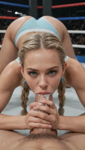 18 rear old girl, sexy young face, golden blonde hair with double braided pigtails, ice blue eyes, thin athletic body, a cup breasts, small round breasts, toned ass, thick toned legs, ultra high definition, light blue boxing shorts pulled below ass, light blue sports bra, hands tapped, hands holding face, laying on stomach facing viewer, boxing ring, wide view, front view, focus on face, man masturbating jerking cock on her, ejaculation on thighs, cum, giving handjob, huge cock, cum on ass, hairy pussy, sweaty skin, wet skin, shiny skin, pov_deepthrt, deepthroating, a, man's, penis, blsdp, <lora:concept_pov_dt_xl2-000020:.5>