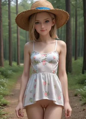 Android 18, wavy long Hair, smiling face, straw hat, in forest, floral short mini dress, flat, chested, <lora:flat_chested_v3.5:.5>, godpussy, <lora:SDXL_GodPussy_v1:.5>