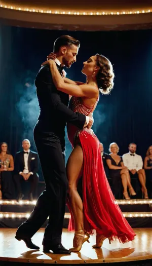 Video shooting, ballroom dancing, a couple of dancers having passionate sex on the winners' podium after winning a competition