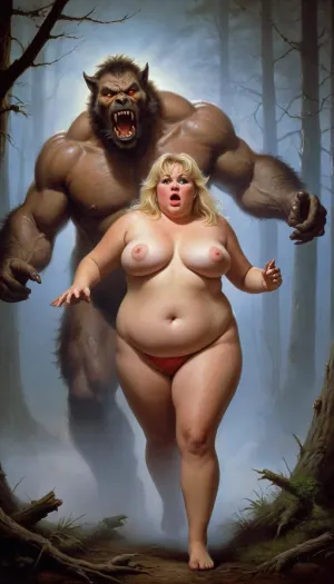 (Boris Vallejo style), Fantasy painting, oil painting, The Other World. plump woman.a beautiful fat blonde, middle-aged, (hairy, obese overweight:1.4), attacked by werewolves monsters in a dense forest, (in the fog:1.5), at night, under a full moon, close up, full body photoshoot, Creepy humanoid creatures all around her, Fangs, hairy muzzles, The wolf's face, red eyes, Art, by, Boris, Vallejo, Style, (pleasure, happy, love), <lora:Fantasy_art_XL_V1:.5>
