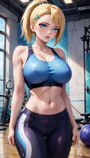 photorealistic, Ino Yamanaka, anime character from the naruto, (ino from the naruto:1.2), ((sharp focus)), ((best quality)), afterglow, ((extremely delicate and beautiful)), ((extremely detailed)), ((4K)), ((masterpiece)), ((highest quality)), 8k, trending on ArtStation, Intricate, High Detail, Sharp focus, curvy, 1girl, (thick:1.2), (milf:.5), (busty and curvy1.1), (gym), rating, safe, (big breasts:1.1), wide_hips, collarbone, (sport_crop_top, sleeveless, sport_black_leggings), navel_piercing, solo_focus, sensual, seductive, provoking, parted_lips, (blonde_hair, ponytail, bangs_over_one_eye, hairclip, blue_eyes), lips, looking_at_viewer, standing, ((contrapposto)), 4ng3l, face, <lora:SDXL_BetterFaces-LoRA_v1:.5>, <lora:add-detail-xl:.5>, <lora:detailed_notrigger:.5>