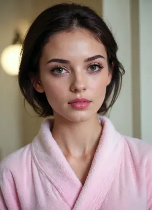(side view, turning to viewer), 18 years old, sexy, short dark hair, small face, innocent, (young girl), (skinny), model, makeup, (pink lip gloss), cute, attractive, petite, snub nose, in a soft, white bathrobe, (looks at viewer), (pouting)